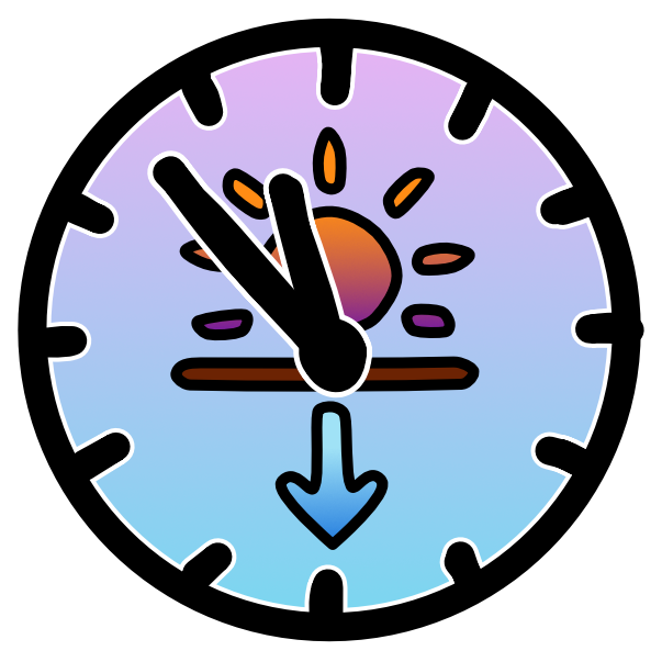 an image representing a sunset sits on the face of a clock. The background of the clock is gradient orange to yellow. The hands roughly read, 11:53.